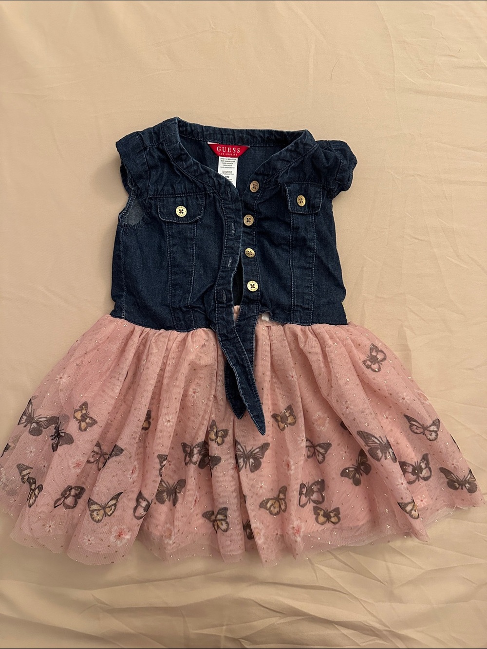 GUESS Dark Denim Tie-Front Top with Pink Butterfly Tulle Skirt